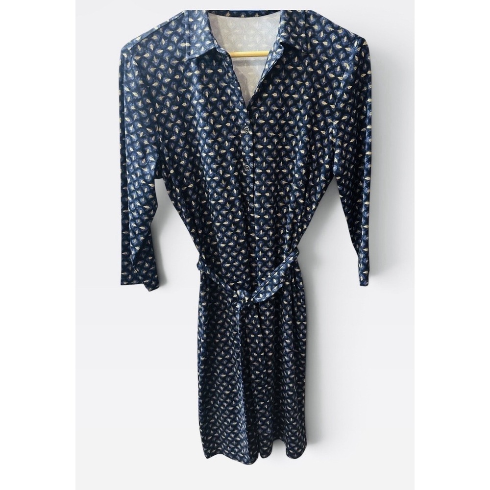 J McLaughlin Geo Print Belted Dress XS Catalina Cloth 3/4 Sleeve Blue Career